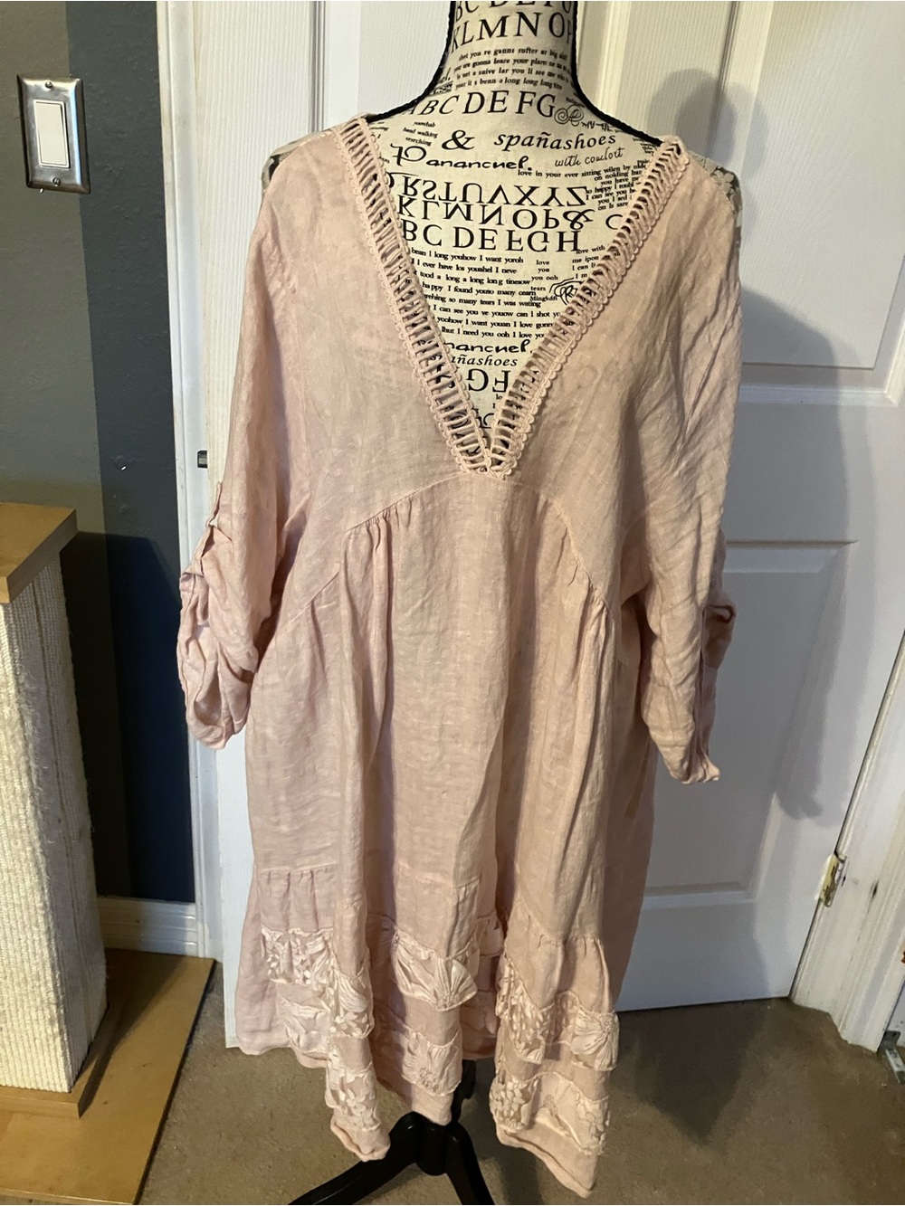 Blush Pink Boho Linen V-Neck Tunic Dress